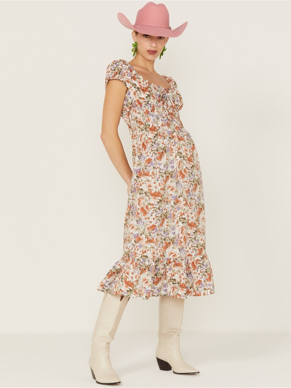 Heartloom Cream Floral Smocked Midi Dress with Orange and Purple Accents